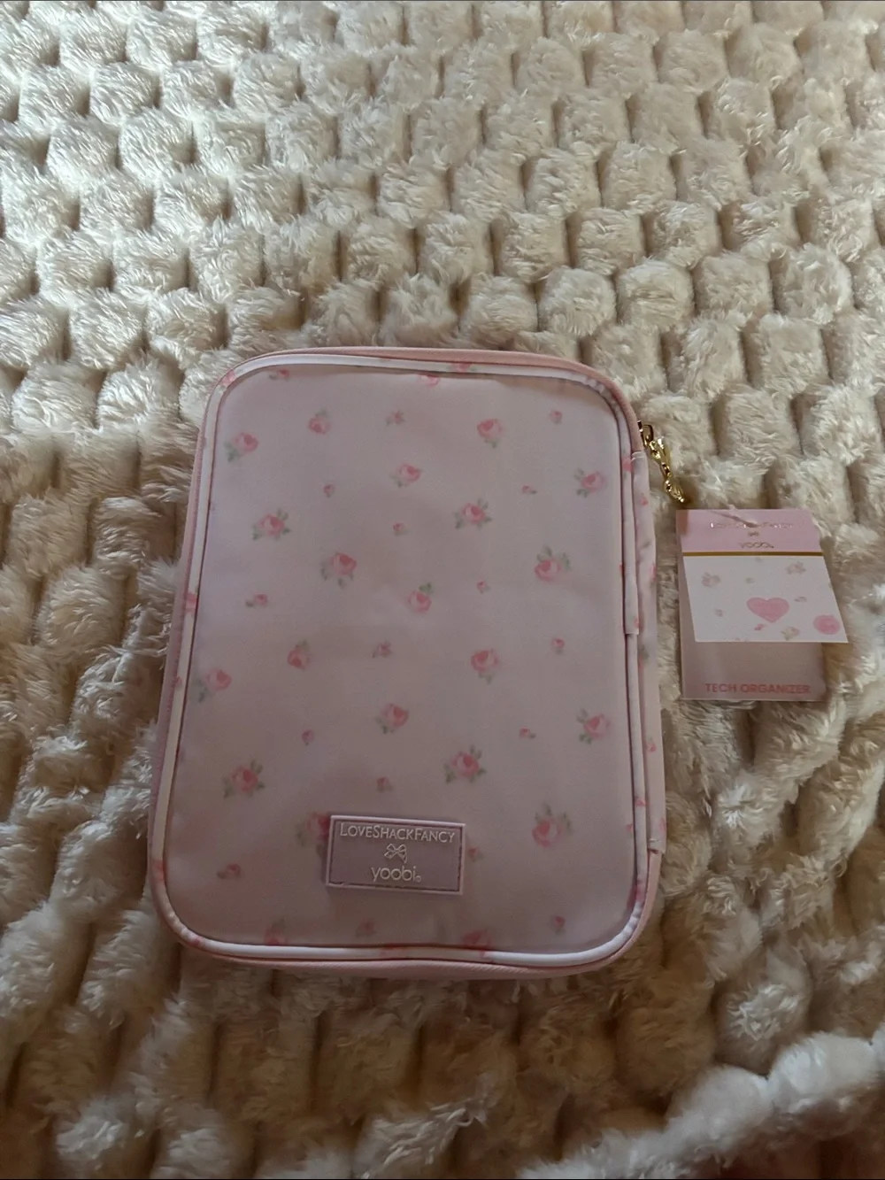 LoveShackFancy.  Pink Floral with Gold Bow Accent.  Tech organizer.